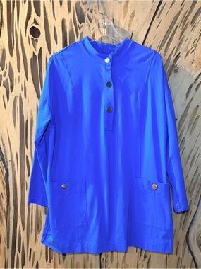 Bob Mackie Wearable Art Tunic Top Blue Cotton Modal Pockets Size M EUC
